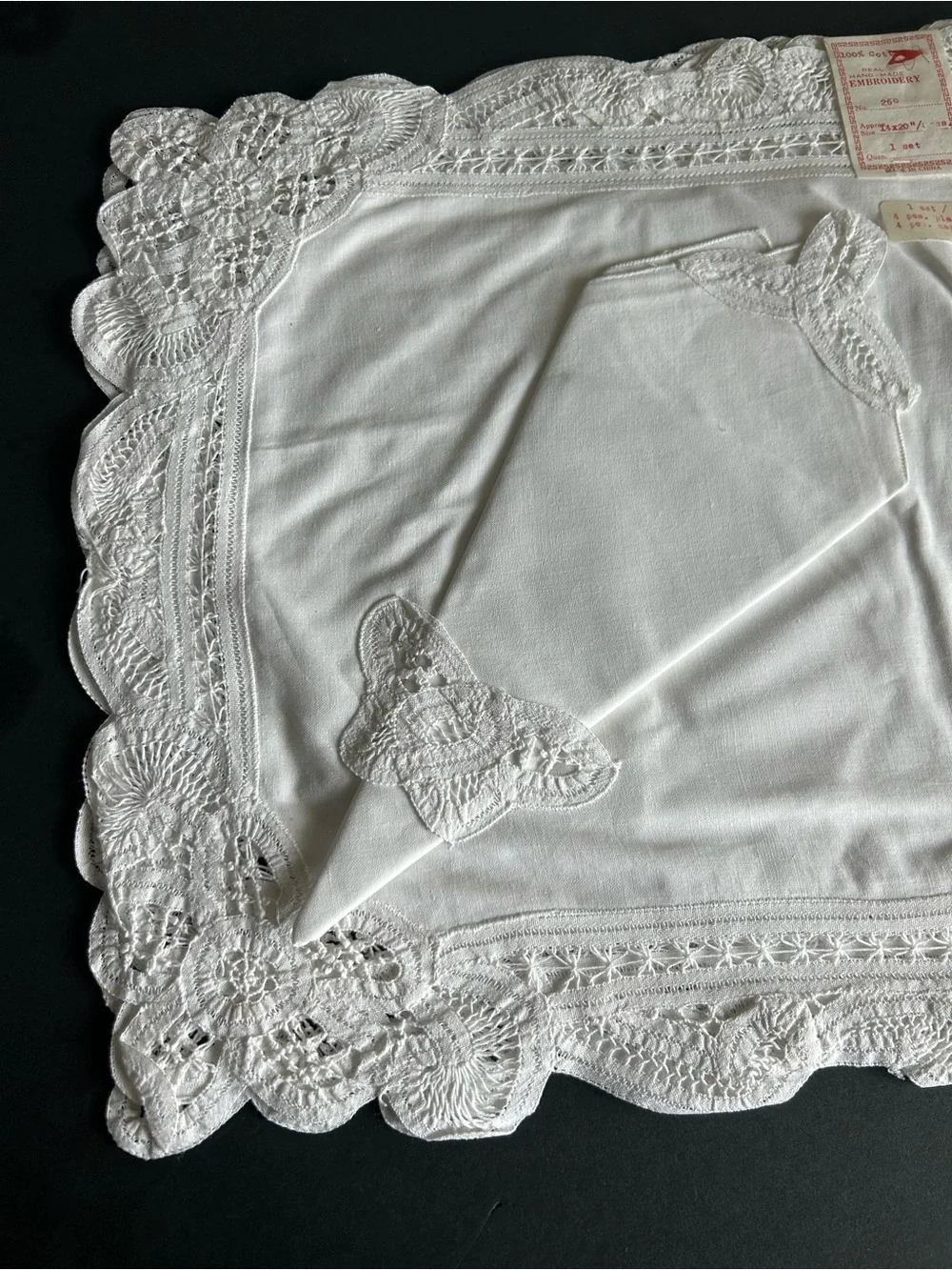 White Embroidered Lace-Trim Placemat and Napkin Set of 4 each